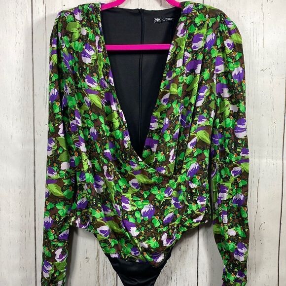 Zara Floral Plunge Bodysuit Long Sleeve L Chic Night Out Y2K Party Bloggers Fav - Picture 7 of 16